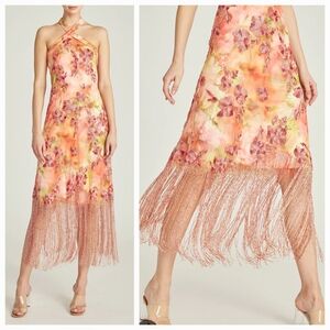 New Theia Floral Beaded Fringe Brigitte Halter‎ Midi Dress Size 6